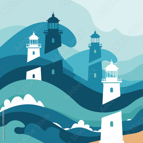 Stylized landscape with lighthouses and crashing blue waves