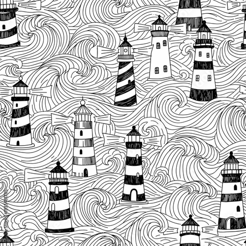 Detailed black and white doodle pattern of lighthouses and waves