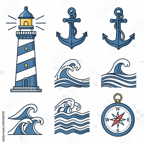 Set of marine icons including lighthouse, anchor, and waves