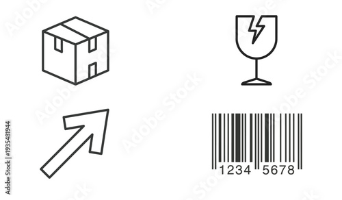 Shipping logistics outline icon set with parcel box, fragile symbol, upward arrows, and barcode for e-commerce and warehouse use