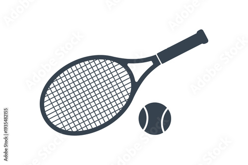 A tennis racket and ball resting on a white background. Vector