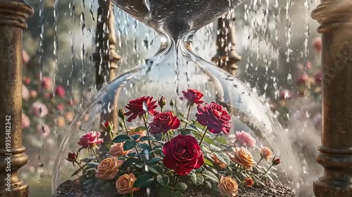 Magical hourglass filled with vibrant flowers and flowing water in a garden setting.