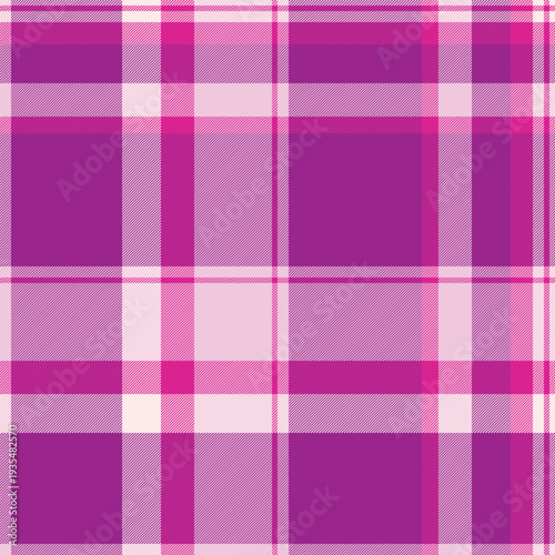 Domestic seamless texture textile, editable background tartan check. Other plaid pattern fabric vector in magenta and light colors.