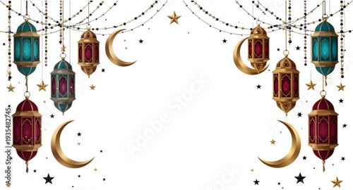 Islamic Celebration Frame with Hanging Lamps and Stars