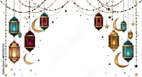 Islamic Celebration Frame with Hanging Lamps and Stars