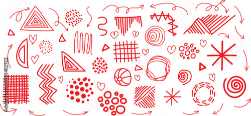 Red doodles isolated on a white background. Handwriting in the margins and geometric shapes on a white background