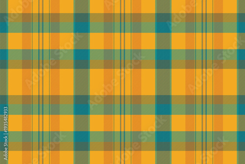 Checked seamless plaid textile, perfect tartan check fabric. Thin vector pattern background texture in amber and dark cyan colors.