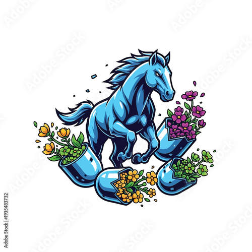 Blue Steed Jumping over Cracked Pipe Garden with Flowers
