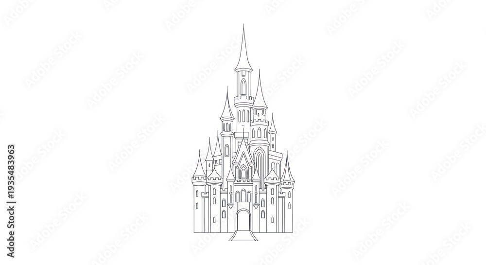Fototapeta premium A detailed, hand-drawn illustration of a castle with intricate details and a whimsical design, set against a white background with a subtle shadow effect.