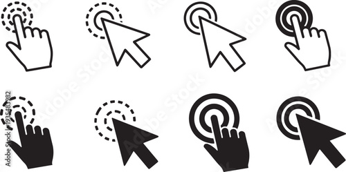 A set of vector line art silhouettes depicting hands interacting with computer cursors and icons.