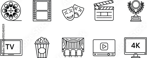 A set of vector line art silhouettes depicting various film and television icons and symbols in black.