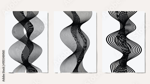 Collection of three abstract art panels showcases vertical wavy lines and geometric patterns in a bold black and white minimalist style.
