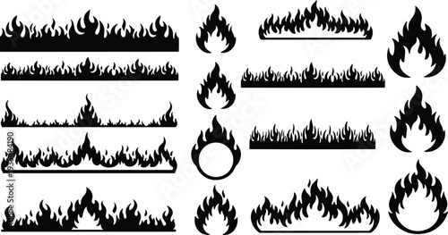 A set of vector line art flame silhouettes in various shapes and sizes for design use