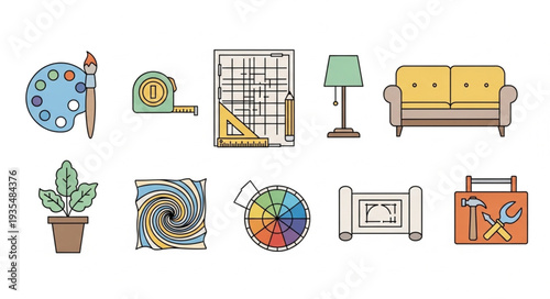 Collection of interior design and home improvement tools and elements.