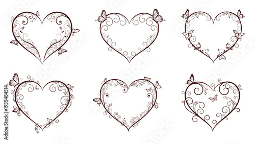 Collection of six heart shaped frames is decorated with elegant swirls and small butterflies to create a romantic and delicate border set.