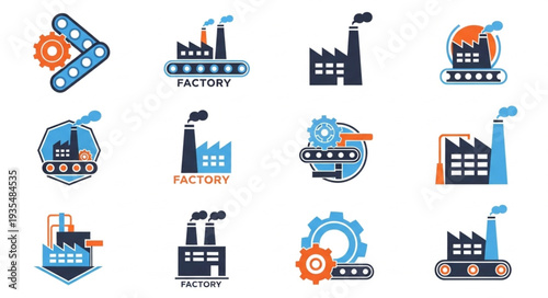 Collection of factory icons with conveyor belts and gears.