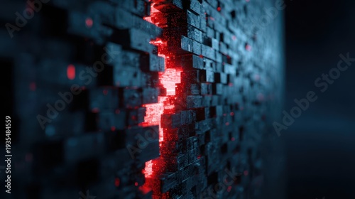 Perspective view of a dark technological wall made of blocks with a powerful red light energy or data glowing through a central gap.