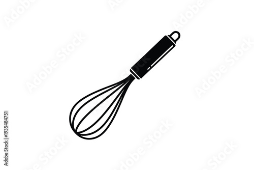 A black and white illustration of a wire whisk with a round handle. Vector