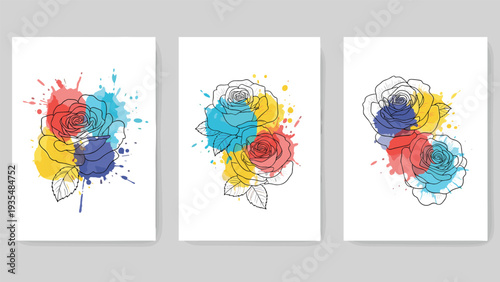 Set of floral art posters with black line drawings of roses and vibrant red, yellow, and blue watercolor paint splashes for wall decor.