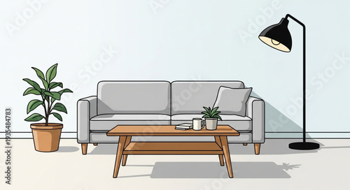 Modern living room with sofa coffee table and floor lamp.