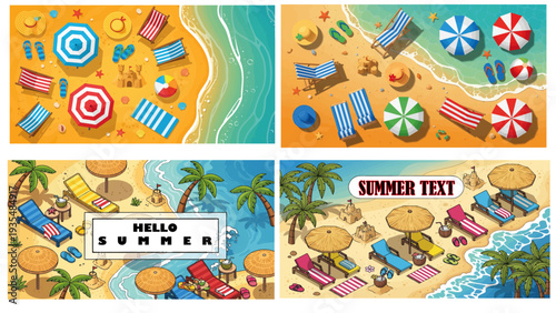 Tropical beach resort travel banner template featuring summer vacation leisure scenes with island paradise graphics for tourism promotion design set.