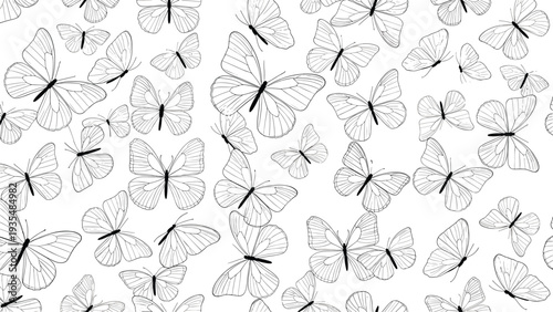 Continuous seamless pattern with diverse butterfly silhouettes and line art drawings scattered across a white background for fabric print.