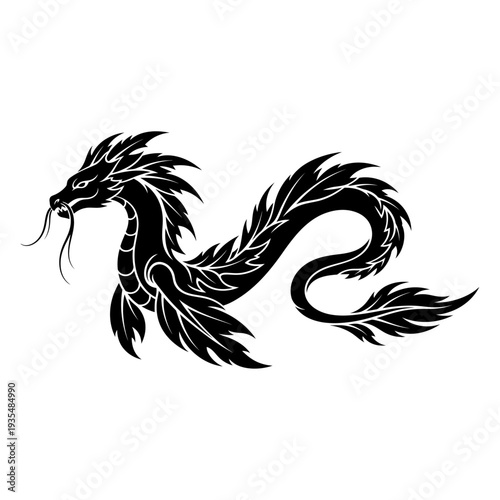 Black dragon tattoo design with a black and white horse in tribal vector illustration style