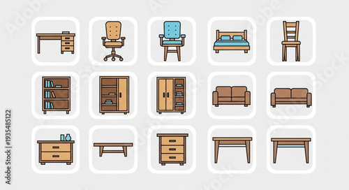 Collection of Various Furniture Icons for Interior Design.
