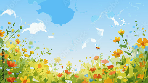A vibrant illustration depicting a meadow with wildflowers and a bee
