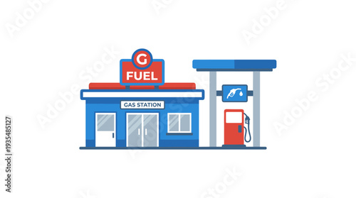 Flat illustration of a modern gas station with fuel pump