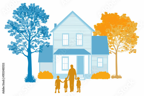 A blue and orange illustration depicting a family in front of a house