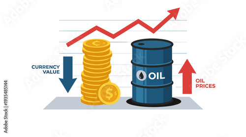 Oil barrel and coin stack illustrate rising oil prices and falling currency value