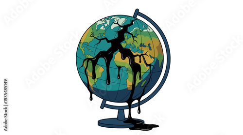 Cracked globe spilling black crude oil, environmental pollution concept