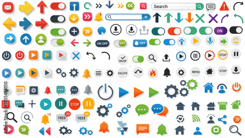 Colorful Navigation Arrows and Media Control Icon Collection with Settings, Cloud Sync, Search, User Profile, and Interface Symbols.