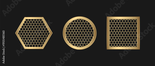 3d gold shield icon with honeycomb, Medal badge metal gold shape circle square and hexagon, Modern award protection