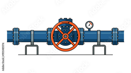 Industrial pipeline with valve and pressure gauge, vector illustration