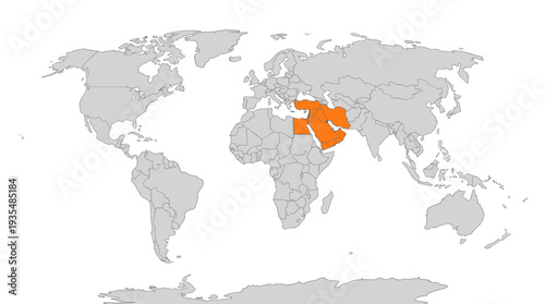 World map with Middle East region highlighted in orange