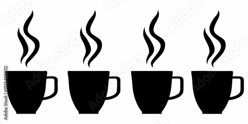 Four black cups with rising steam a minimalist graphic illustration
