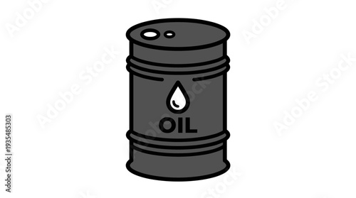 Stylized oil barrel with a drop and text, flat icon