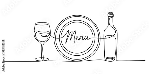 One line drawing of a wine glass plate with menu text and bottle for restaurant branding Vector, illustration