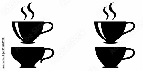 Two steaming coffee cups illustrated in a simple black and white style
