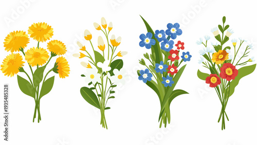 Four colorful bouquets of wildflowers displayed in a simple illustration