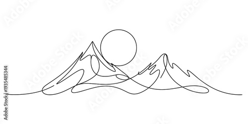 Minimalist continuous line art illustration of mountain peaks and a sun on white background. Vector, illustration