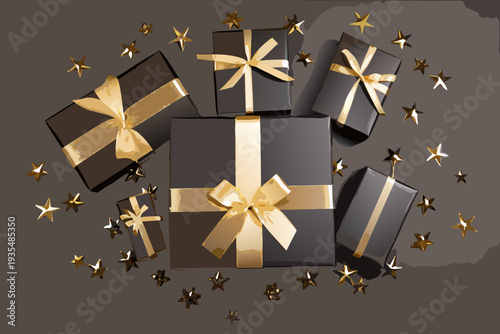 Elegant black gift boxes with gold ribbons and scattered star confetti