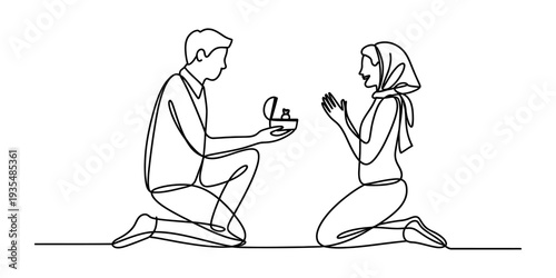 Continuous line drawing of a man kneeling and proposing with a ring to a woman in a headscarf Vector, illustration