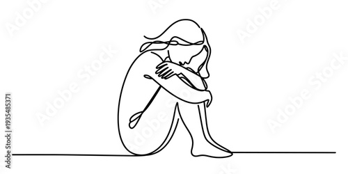 Continuous line drawing of a sad woman sitting and hugging her knees in a lonely pose Vector, illustration