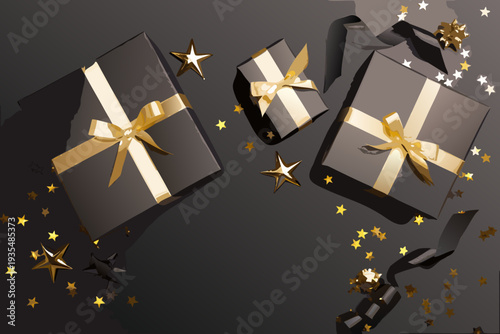Elegant black gift boxes with golden ribbons and scattered stars