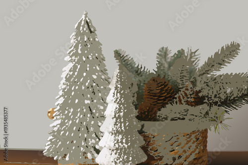 Festive winter scene depicting miniature snow covered christmas trees and pinecones