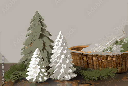 A wintry scene featuring snow covered trees and a woven basket
