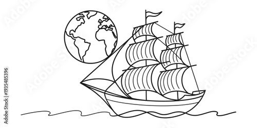 Line art illustration of a vintage sailing ship on the ocean with a globe in the background